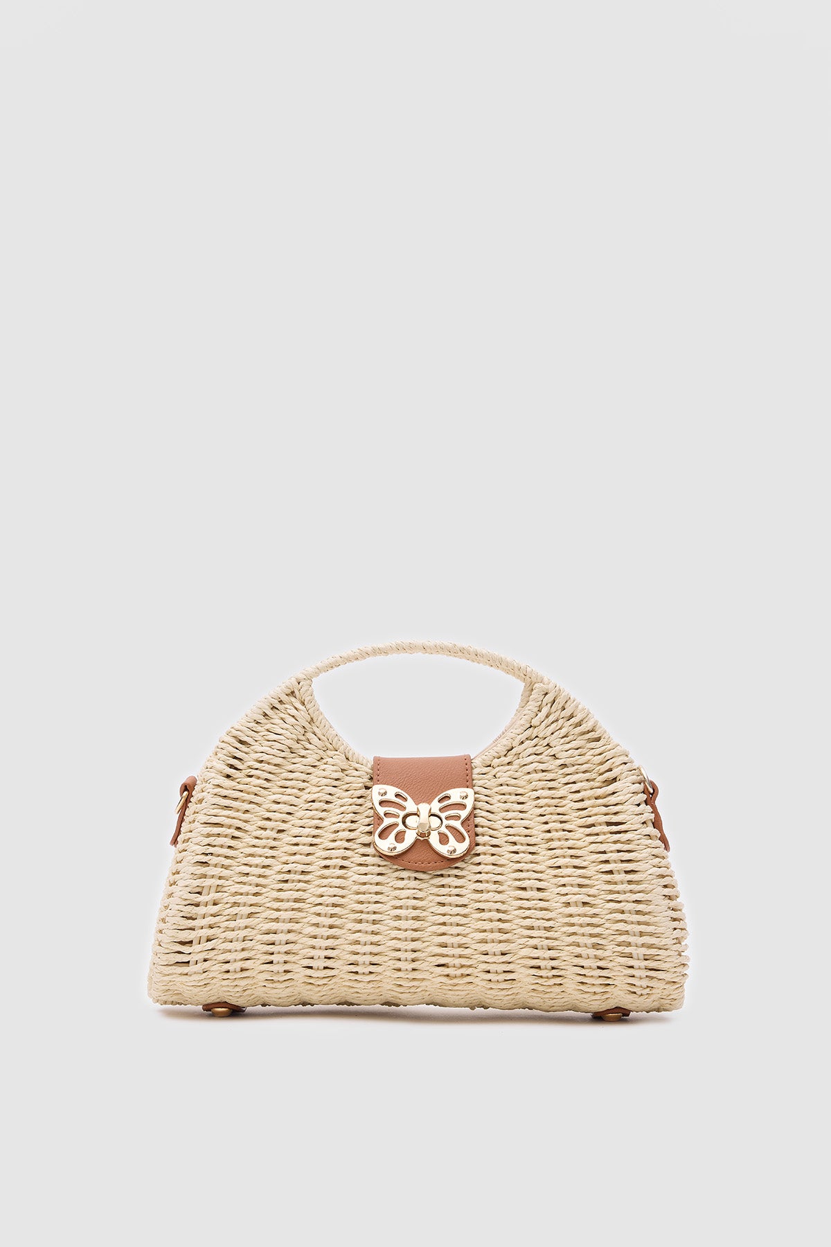 Oggo Bej Deri Saplı Hasır Omuz Çantası