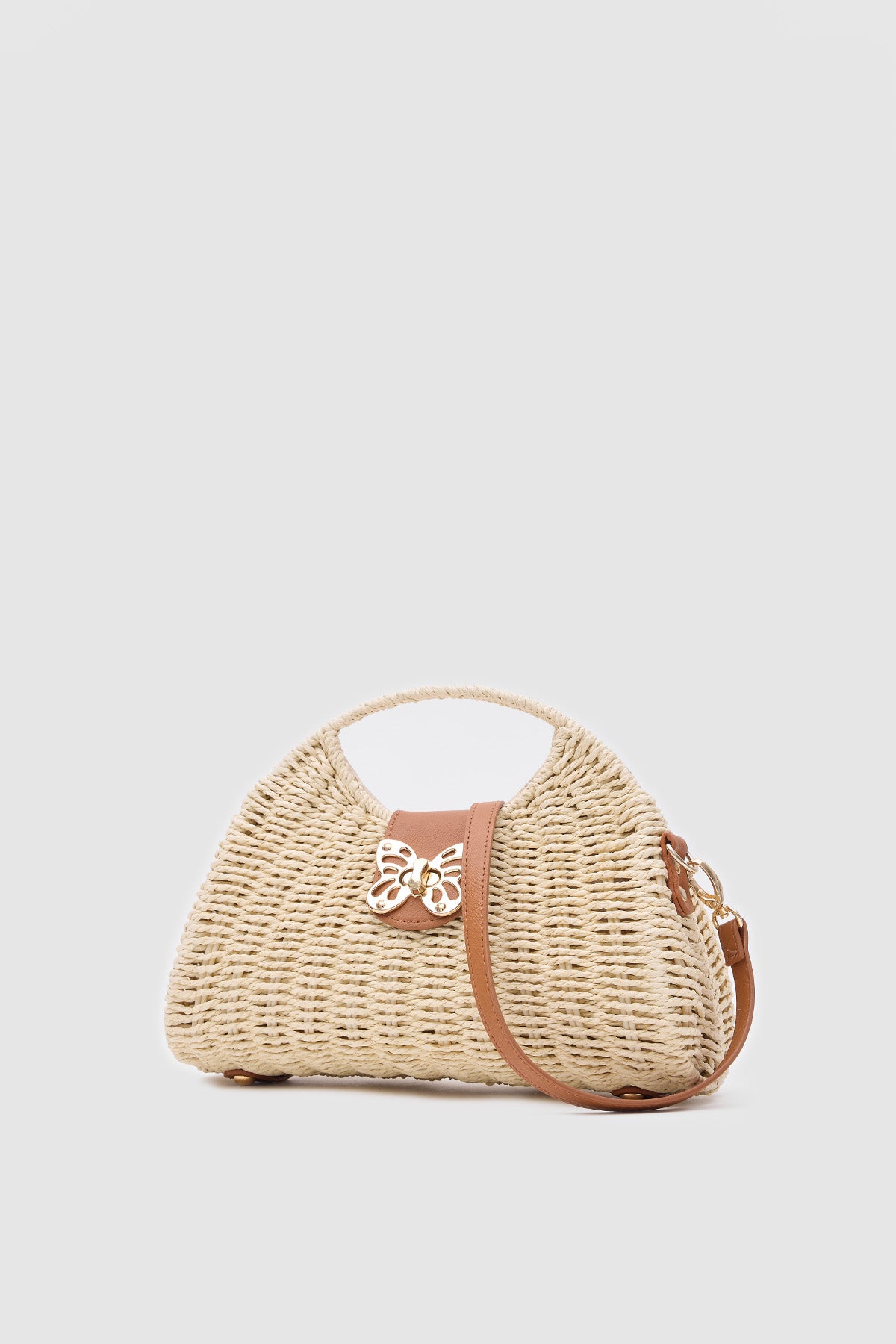 Oggo Bej Deri Saplı Hasır Omuz Çantası