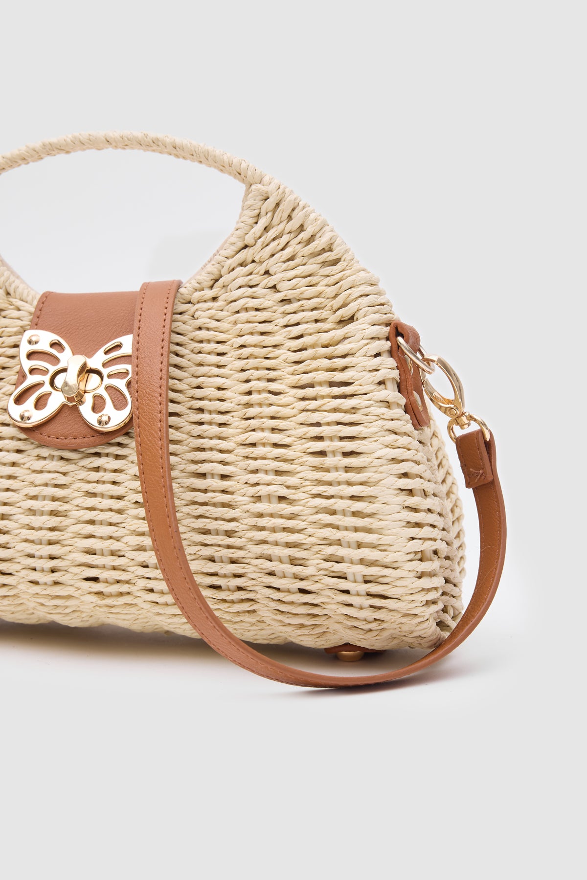 Oggo Bej Deri Saplı Hasır Omuz Çantası