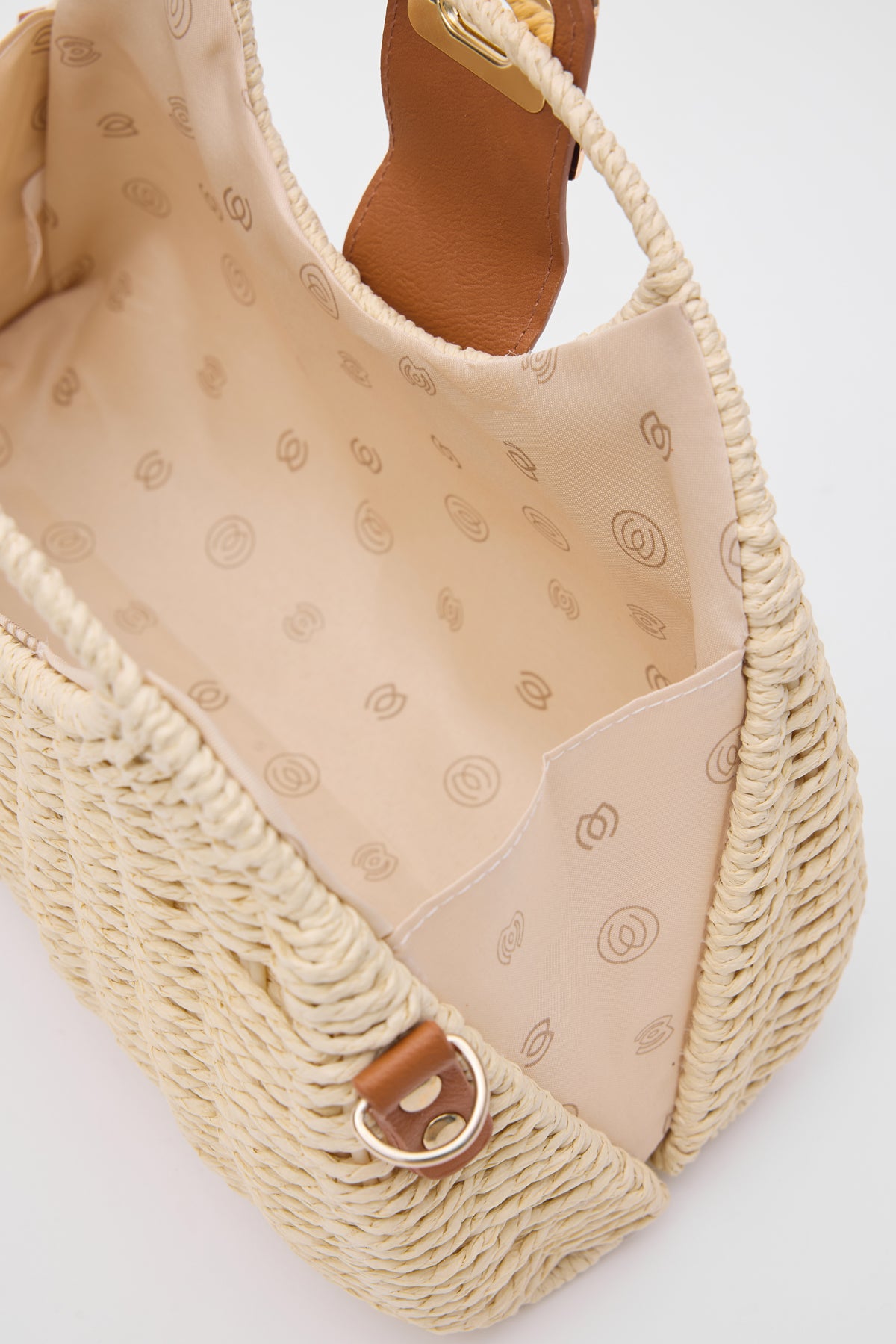 Oggo Bej Deri Saplı Hasır Omuz Çantası