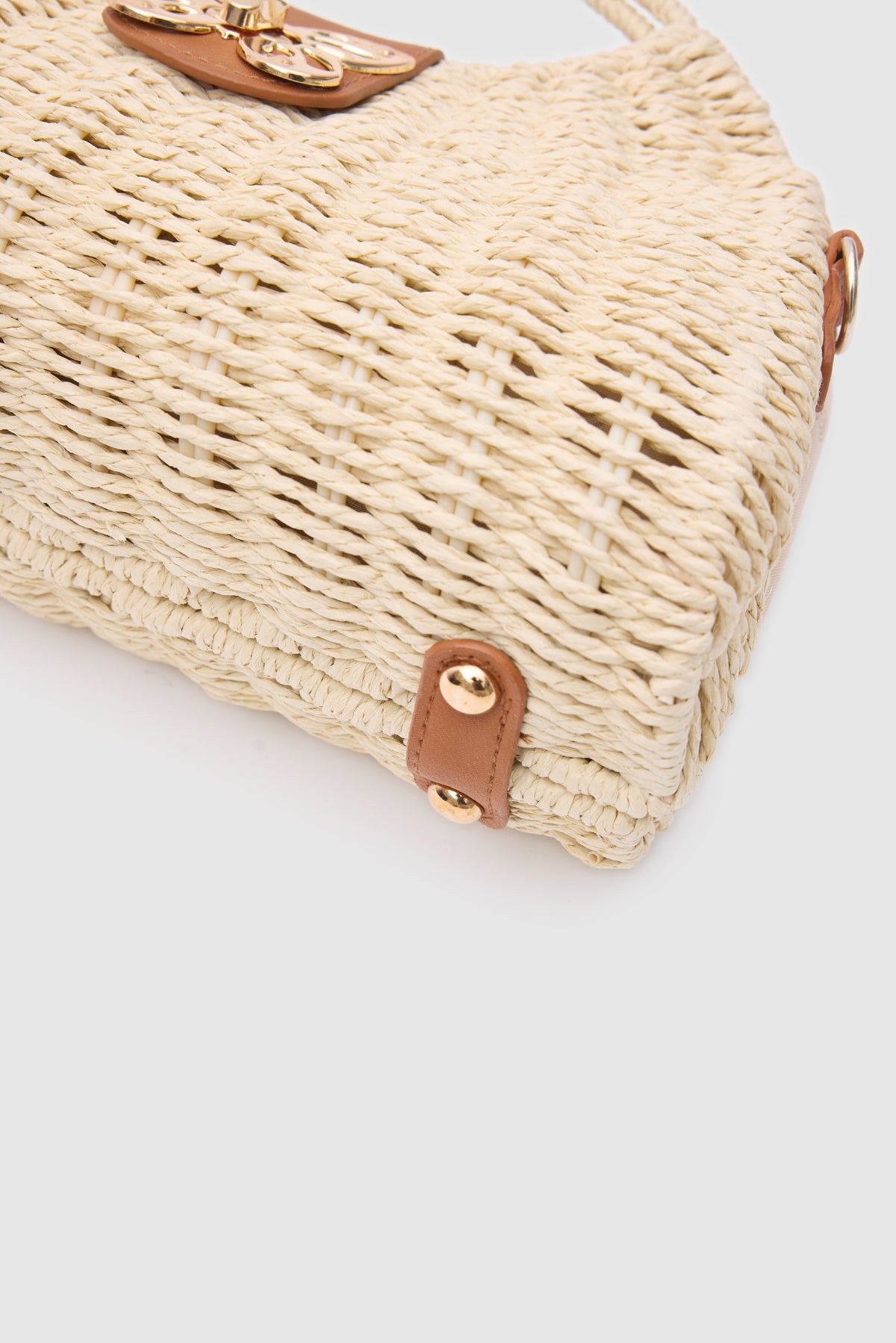 Oggo Bej Deri Saplı Hasır Omuz Çantası