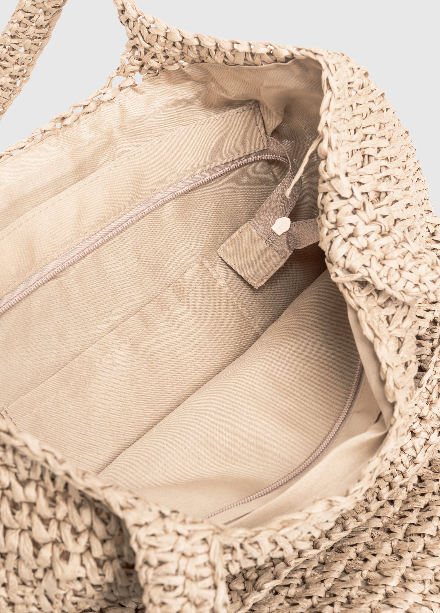 Oggo Hasır Örgü Saplı Fermuarlı Bej Omuz Çantası