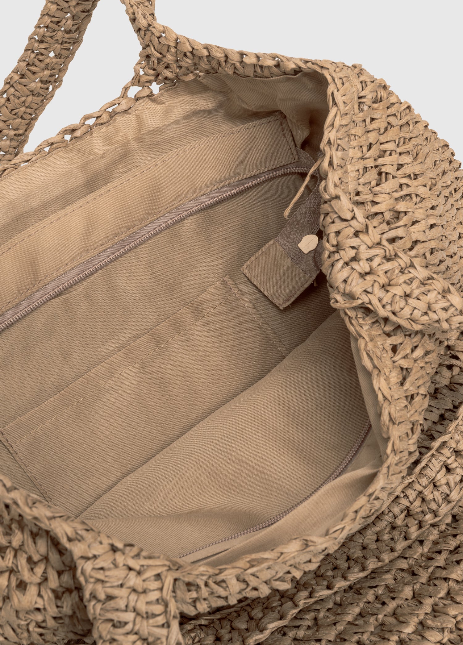 Oggo Hasır Örgü Saplı Fermuarlı Camel Omuz Çantası